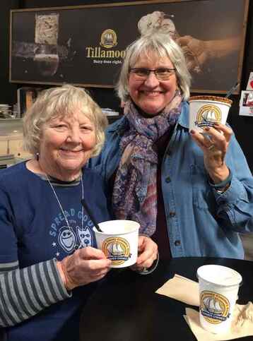 Kizzie and Edythe, with what writers need: coffee!